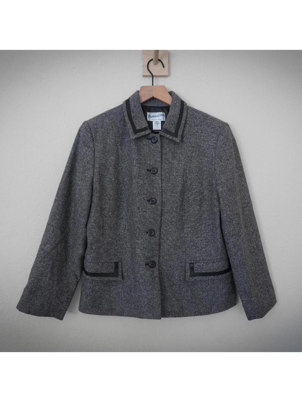 Pendleton Jacket Women's 10 Grey Leather Trim Lambs Wool